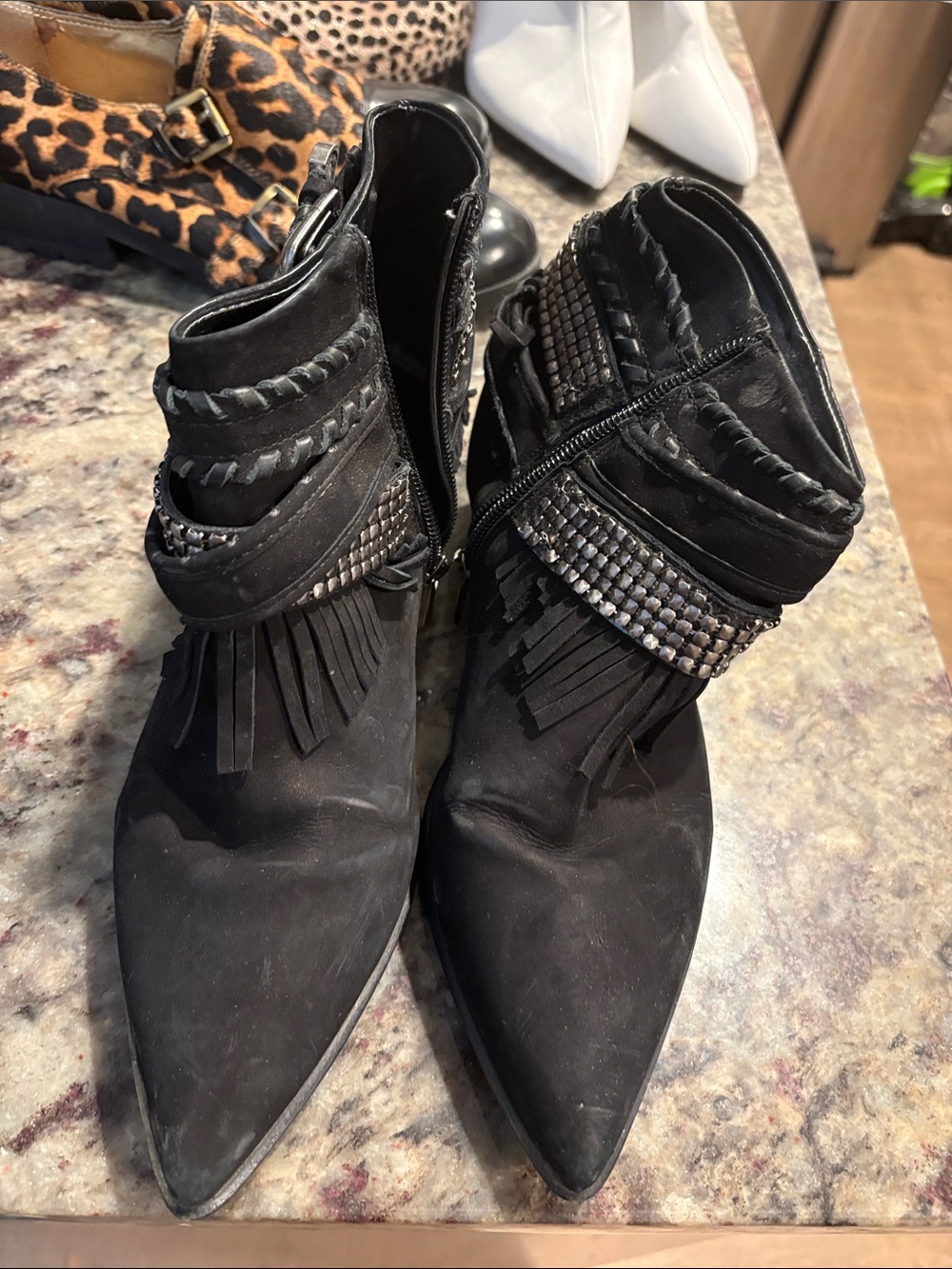 Neiman Marcus Black Fringe and Stud Embellished Ankle Boots